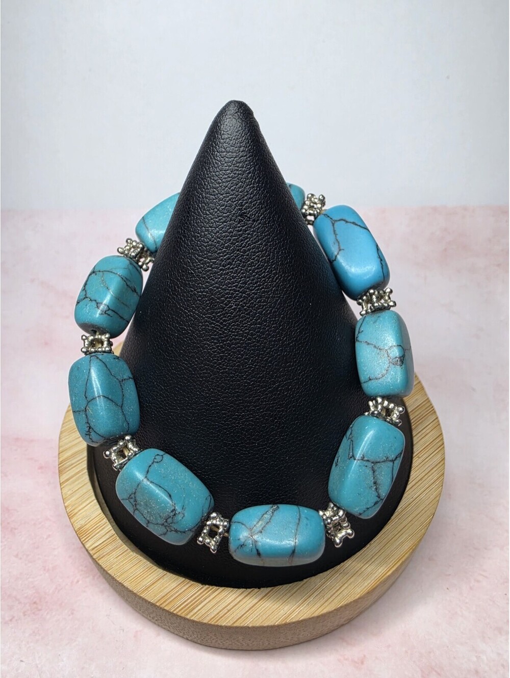 Chunky Blue Beaded Stretch Bracelet Silver Accent Spacers Boho